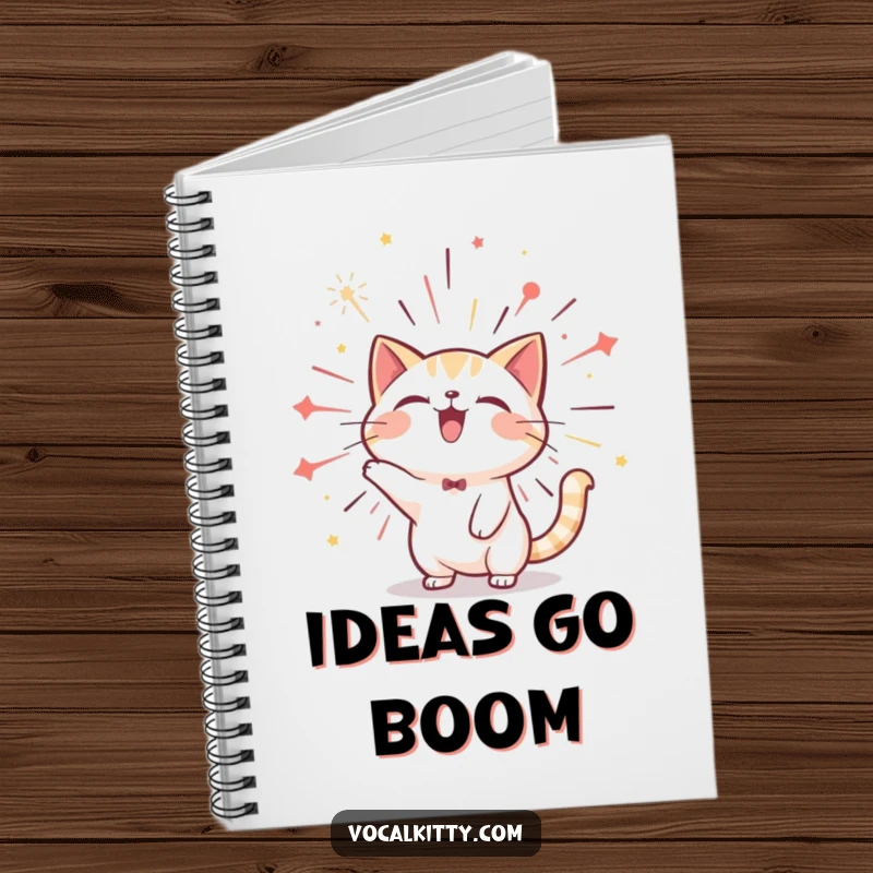 Funny cat notebook showing a character bursting with joyful sound like a firework, perfect for capturing bright ideas and happy notes.
