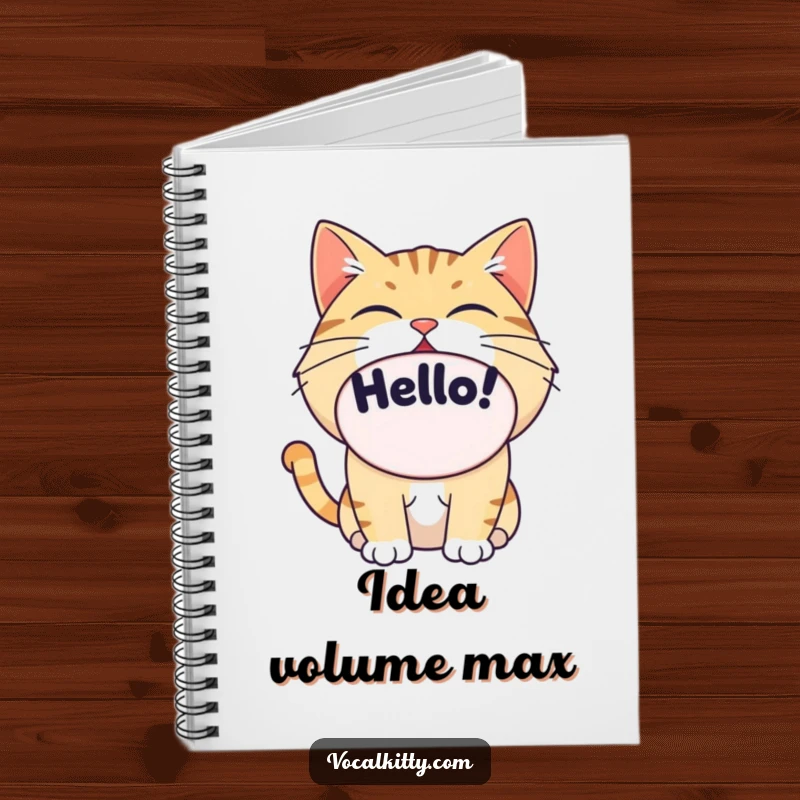 Funny cat holding a notebook, huge oval mouth saying 'Hello!', spiral-bound journal.