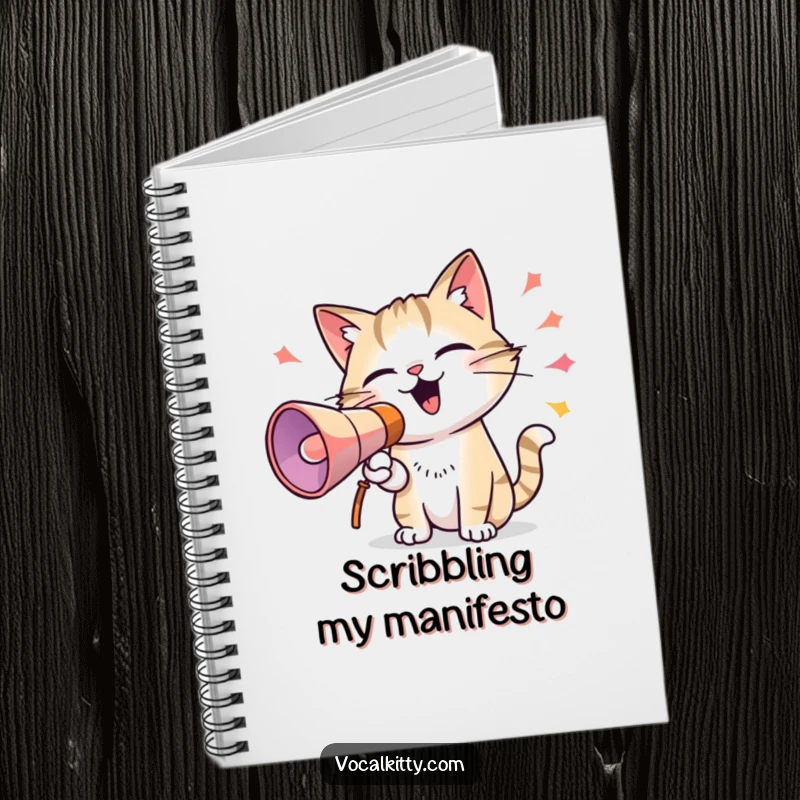 Funny notebook cover with a cat using a megaphone to emit colorful sound waves, perfect for jotting down ideas with a vibrant, humorous touch.