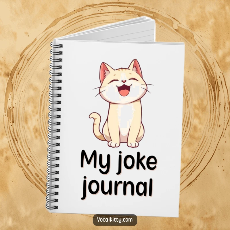 Funny notebook cover with a cartoon cat character throwing its head back, laughing with infectious glee on the front page.