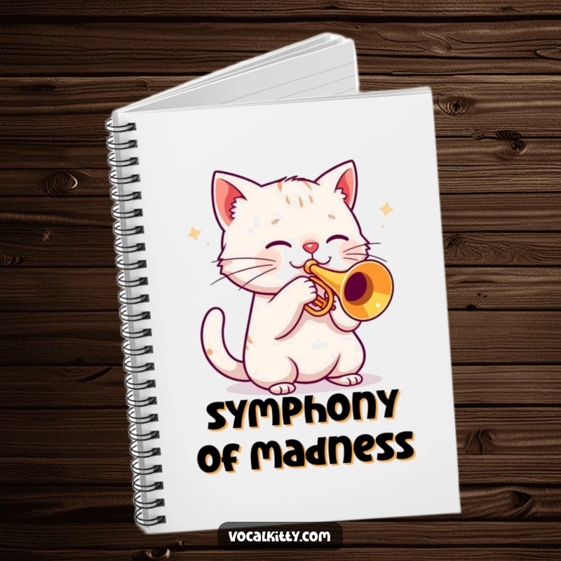 Funny cat holding a notebook, playing a trumpet to inspire writing, spiral-bound journal.