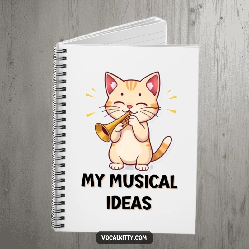 Funny Cat Notebook: A lined journal featuring a cat character playing a small trumpet, with bold sound waves indicating its musical performance.
