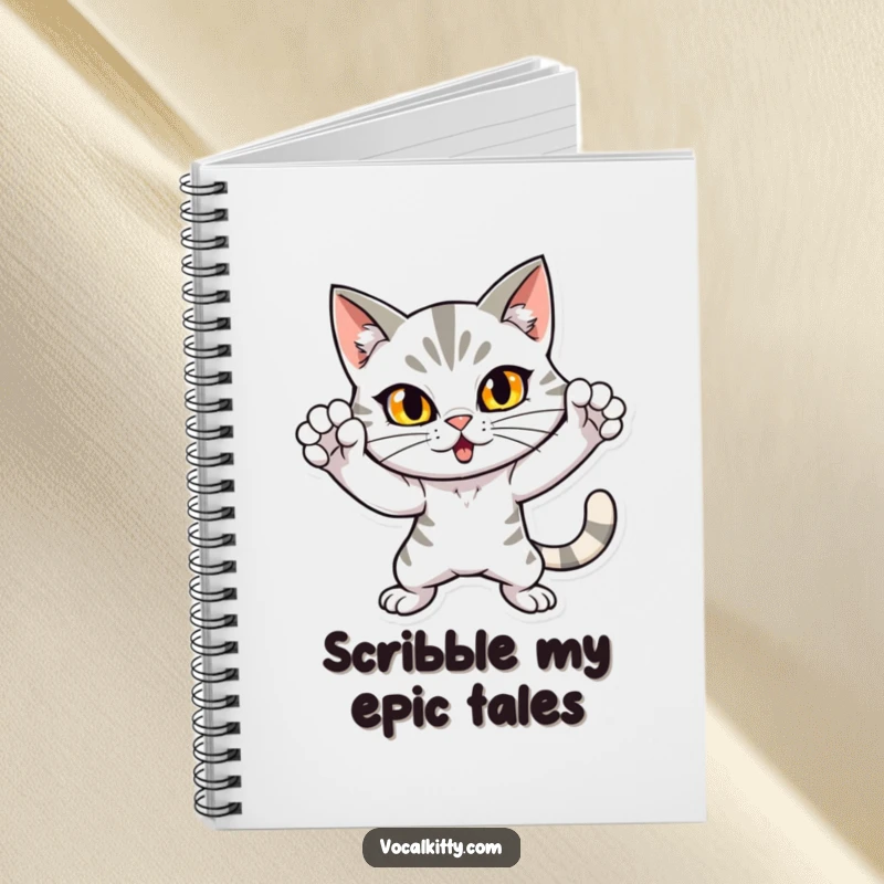 Funny notebook with a dramatic cat in a loud, attention-grabbing pose, inspiring users to capture their most dramatic thoughts. Creative and humorous stationery.