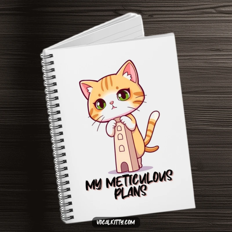 Funny Notebook showing a cat with intense concentration balancing a tower, ideal for focused note-taking.