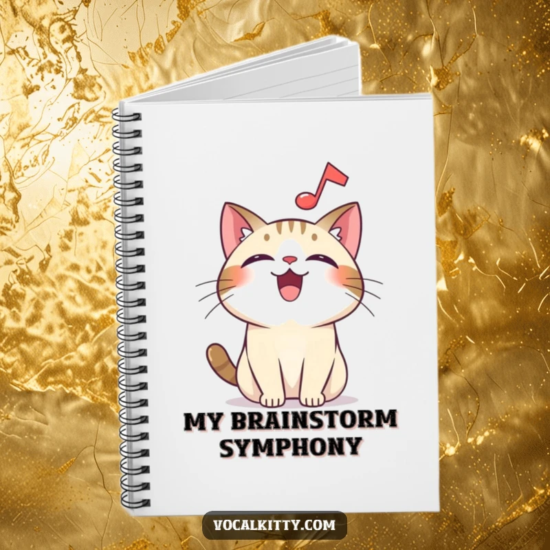 Funny overjoyed cat notebook, a musical note symbolizes creativity and joy for note-taking.