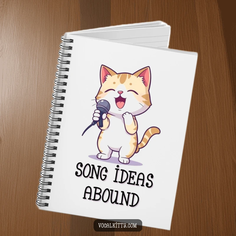 Funny notebook featuring a cat in a karaoke pose, holding a microphone with gusto, for writing lyrics.