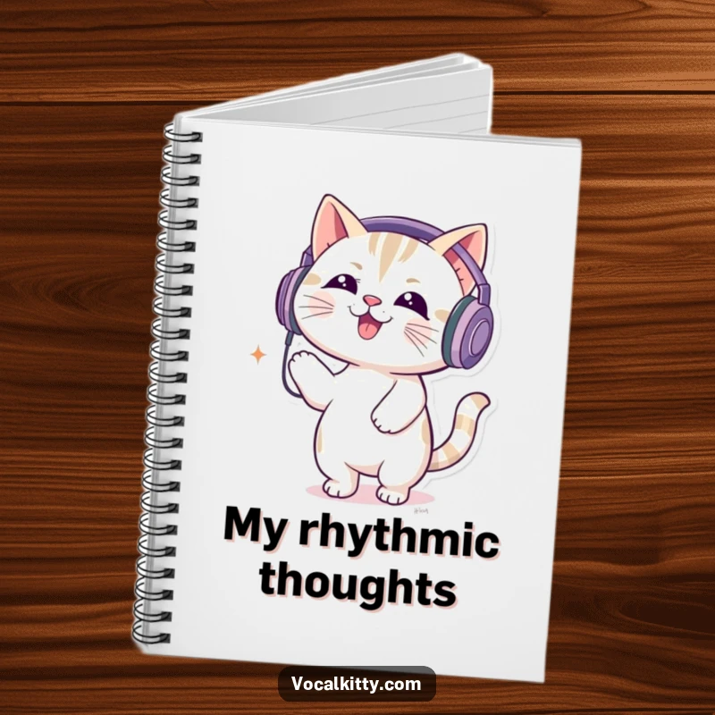 Funny notebook cover featuring a cat wearing oversized headphones, bouncing to loud music, inspiring creativity and rhythm.