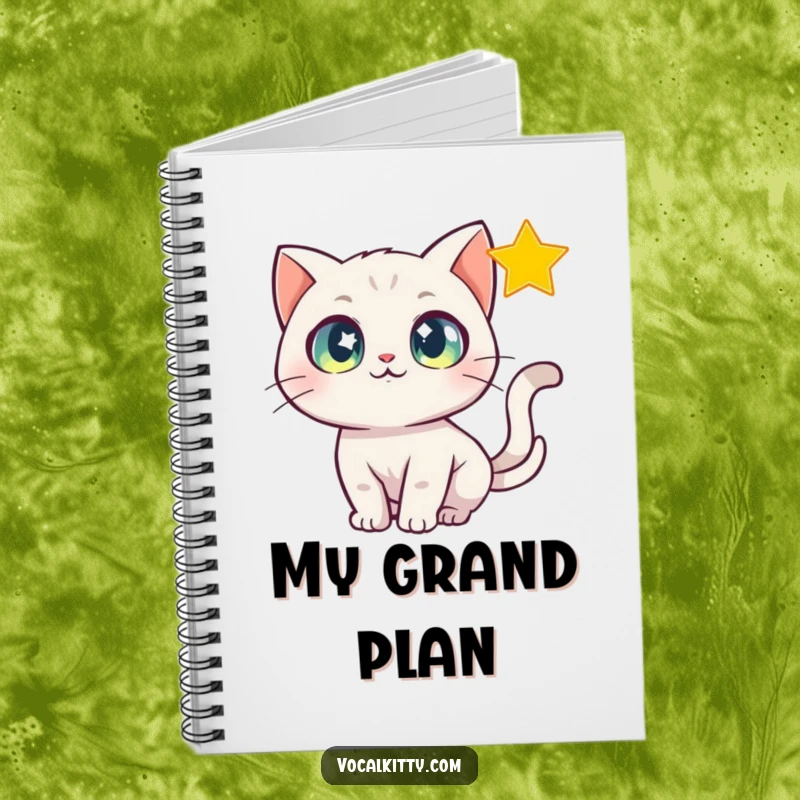 Funny Notebook showing a cat with sparkling eyes chasing a shimmering star, ideal for creative writing or drawing.