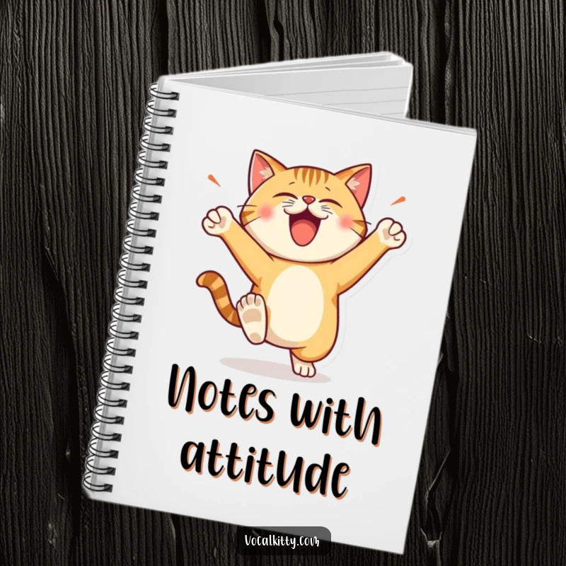 Funny Notebook featuring a cat character stomping its feet with loud, happy energy, inspiring energetic note-taking.