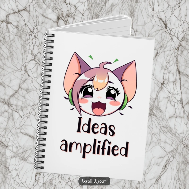 Funny notebook with a character having oversized ears and emitting sound waves from an open mouth. Ideal for notes.