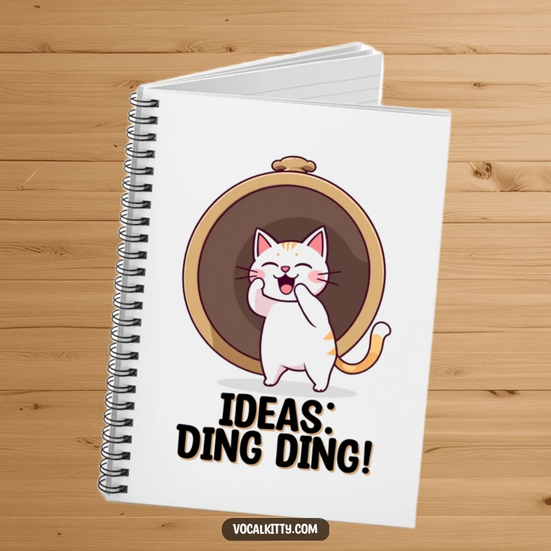 Funny cat character ringing a huge bell, creating a sound boom, featured on the cover of a notebook.