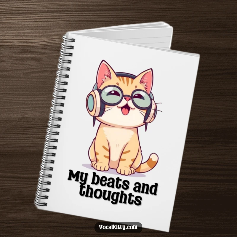 Funny notebook cover with a cat wearing oversized headphones, enthusiastically bobbing its head to music, perfect for music notes.