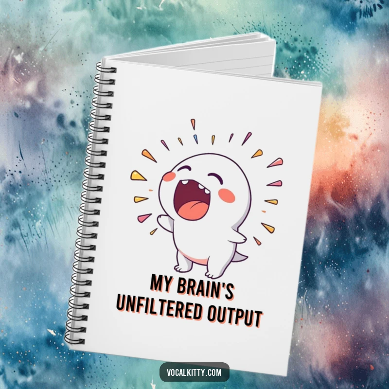Funny notebook cover showing a character emitting a colorful rainbow of noise from its wide-open mouth, for jotting loud thoughts.