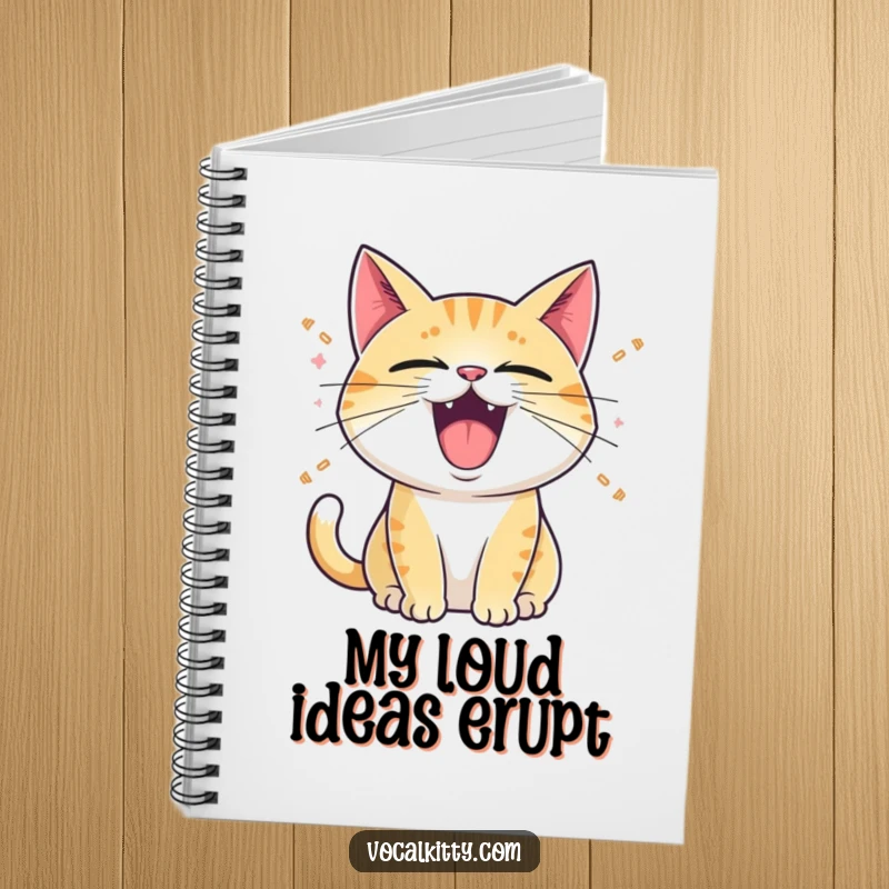 Funny Notebook: A cat with its mouth wide open, emitting cartoon sound waves, perfect for recording loud thoughts and ideas.