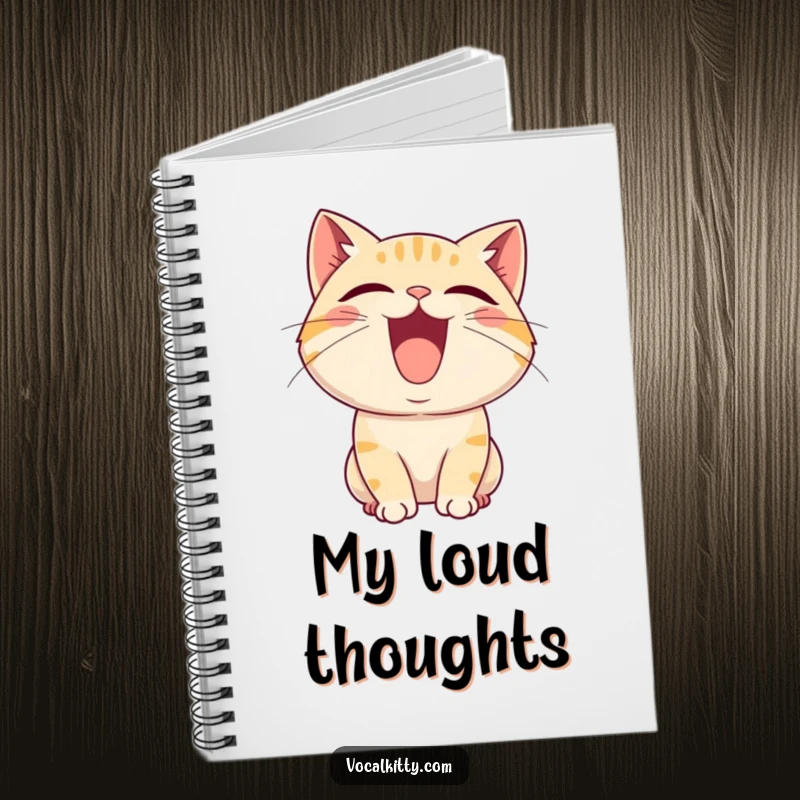 Funny notebook cover depicting a cartoon cat with its mouth wide open, in the middle of a delightful, joyful squeal.