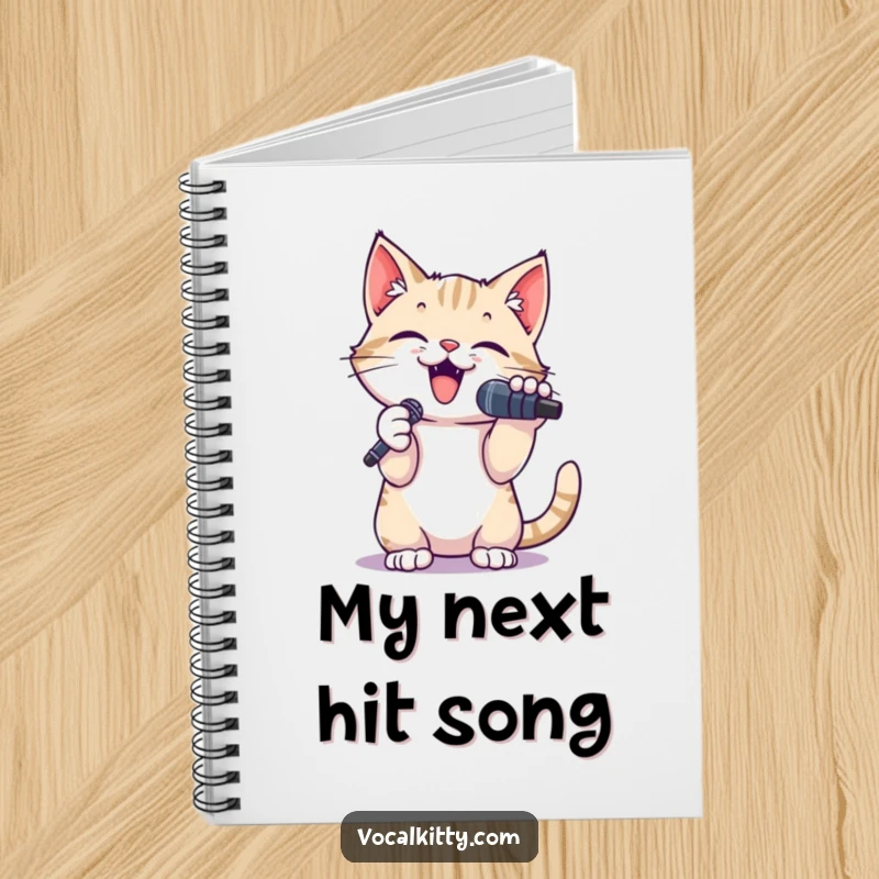 Funny notebook featuring a small cat with a microphone, paws raised, inspiring users to write humorous lyrics.