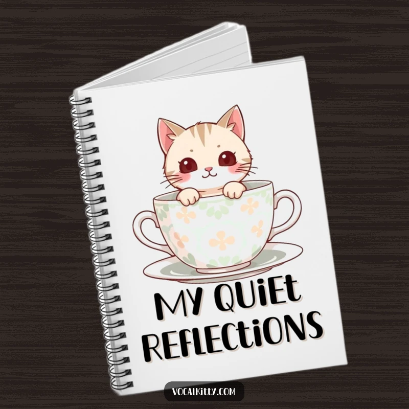 Funny Notebook showing a cat peeking from a teacup, ideal for jotting down cozy thoughts and ideas.