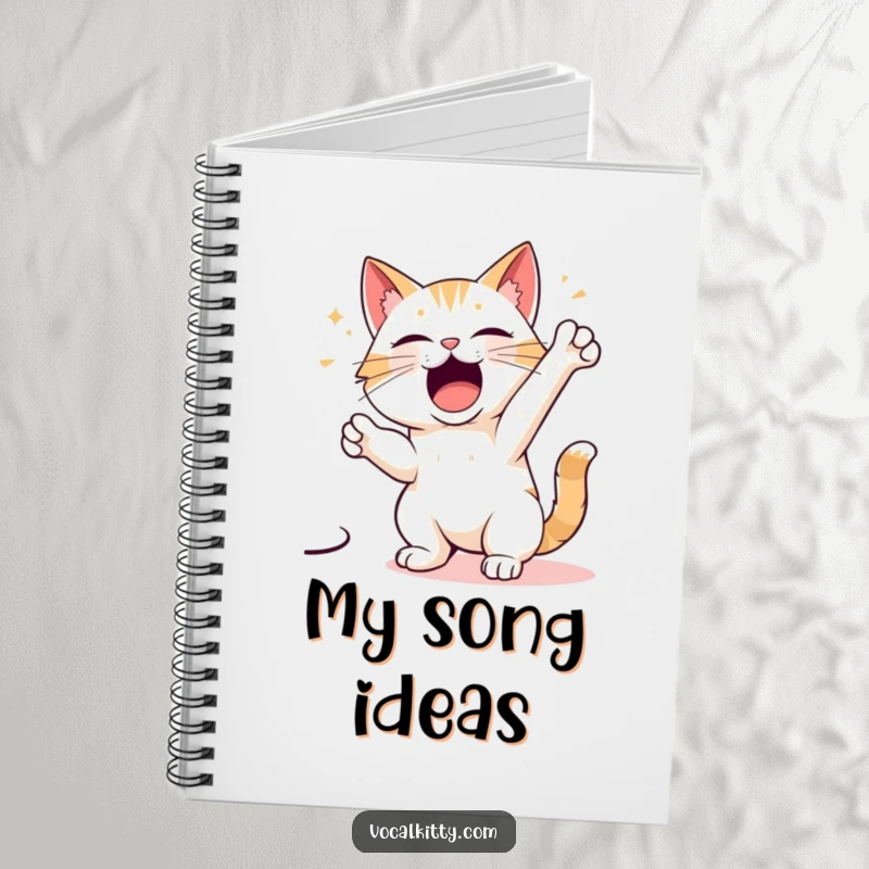 Funny notebook cover depicting a cartoon cat striking a dramatic, operatic singing pose, ready for its grand performance.