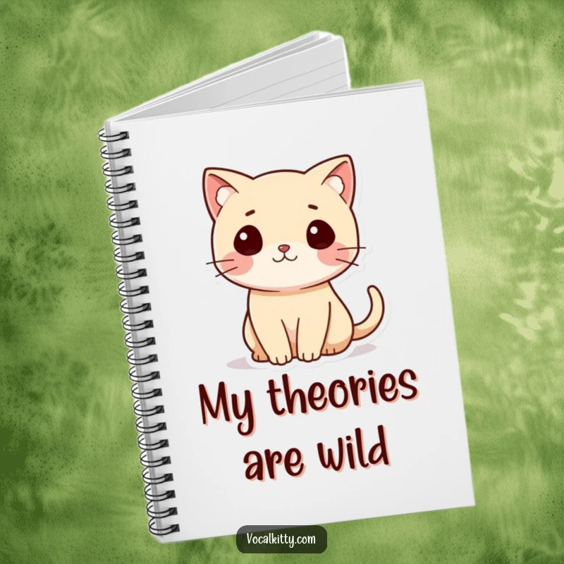 Funny Cat Notebook showing a small cat with its tail curled as a question mark, perfect for jotting down thoughts.