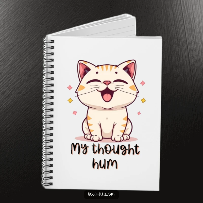 Funny notebook cover depicting a cartoon cat with comically exaggerated vocal cords vibrating, releasing cheerful, happy sound.