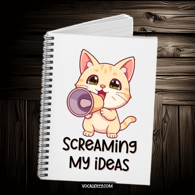 Funny notebook cover with a tiny cat holding a megaphone, inspiring users to write down their loudest, most exciting thoughts and ideas.