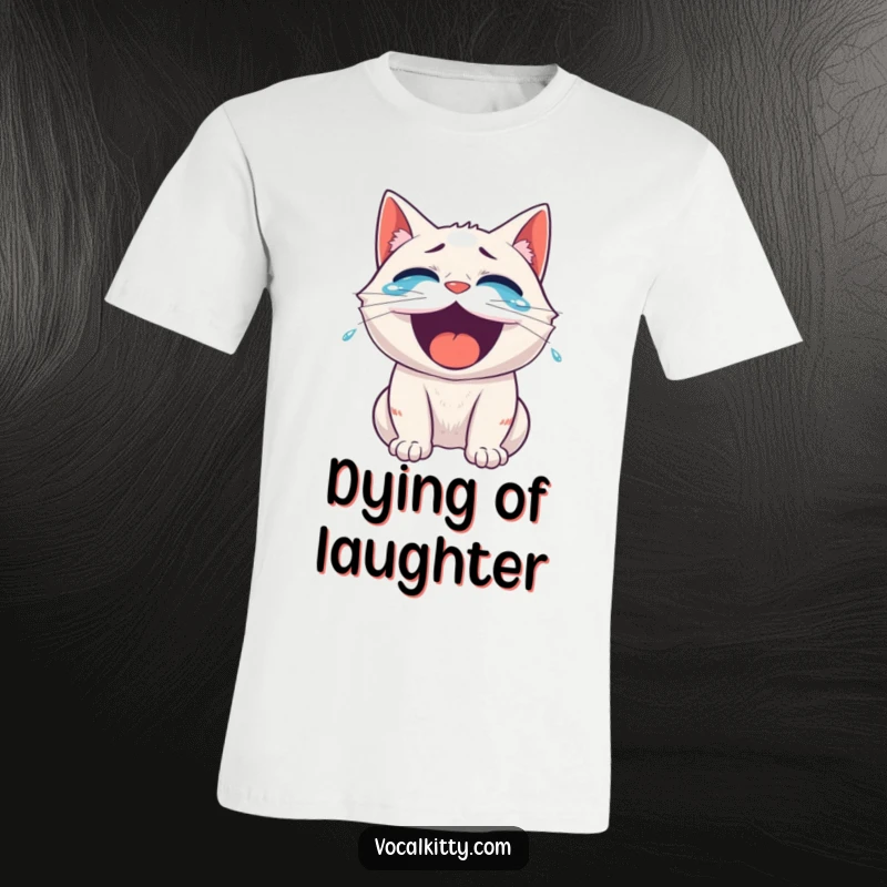 Funny cat t-shirt, roaring with laughter, tears streaming, capturing a moment of pure, uninhibited comedic joy.