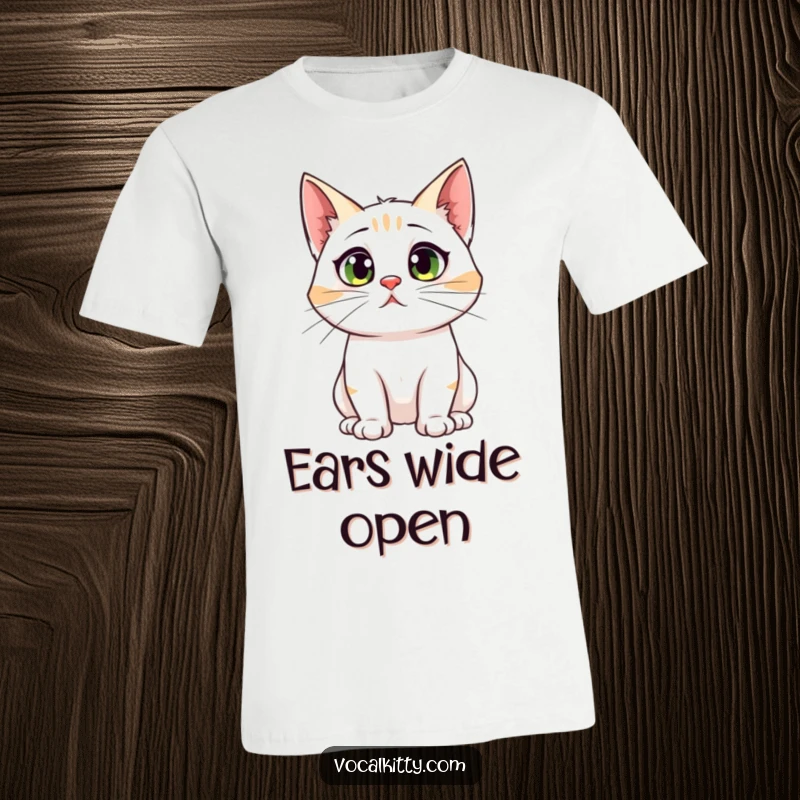 Funny t-shirt with a cat sporting comically large ears, looking startled by an unseen noise, symbolizing a sensitive and jumpy personality.