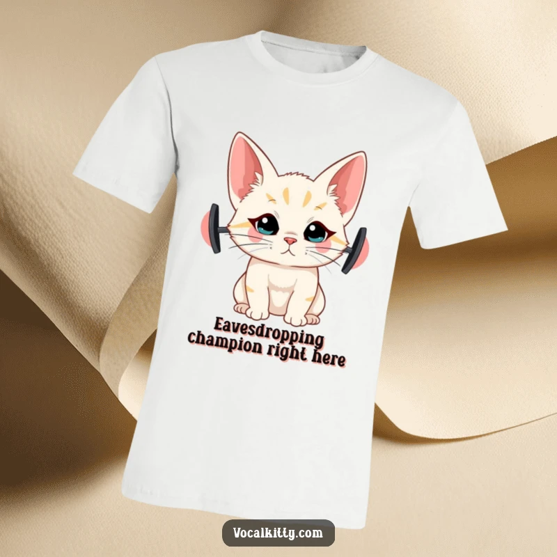 Funny t-shirt featuring a cat with comically oversized ears, intently listening, perfect for humorous casual wear.