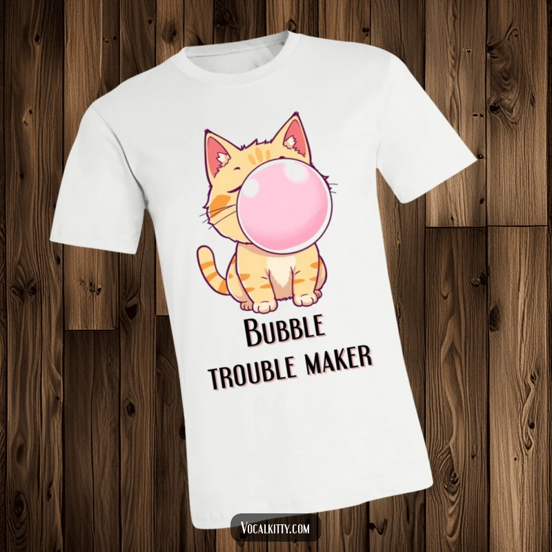 Funny cat t-shirt showing a cartoon feline expertly blowing a huge, translucent bubble gum bubble with a mischievous grin.