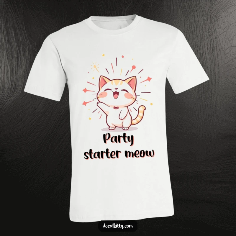 Funny cat t-shirt featuring a character bursting with joyful sound in a firework-like display, symbolizing happiness and excitement.