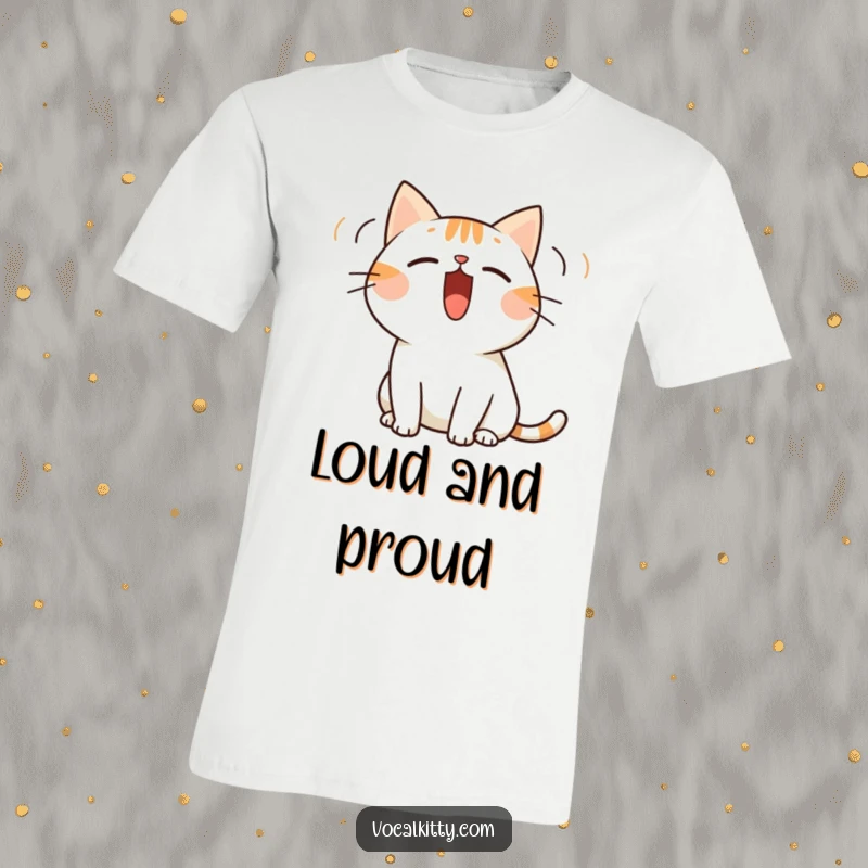 Funny t-shirt with a simplified cat character shouting loudly, with visible sound waves emanating from its wide-open mouth.