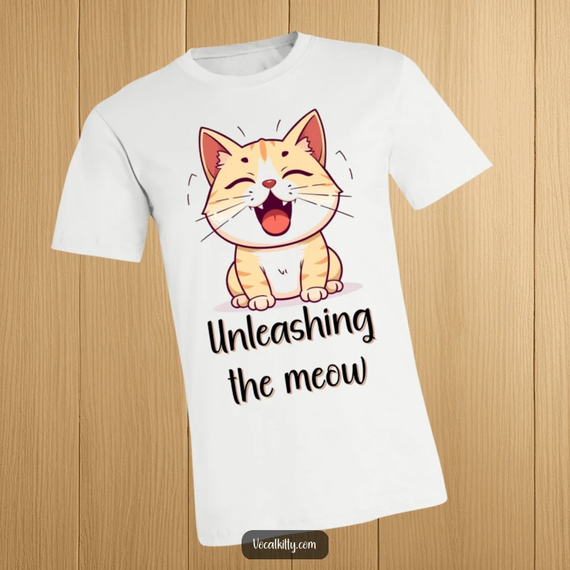 Funny cat t-shirt featuring a cat with its mouth open, with sound waves radiating outwards, symbolizing a loud vocalization.
