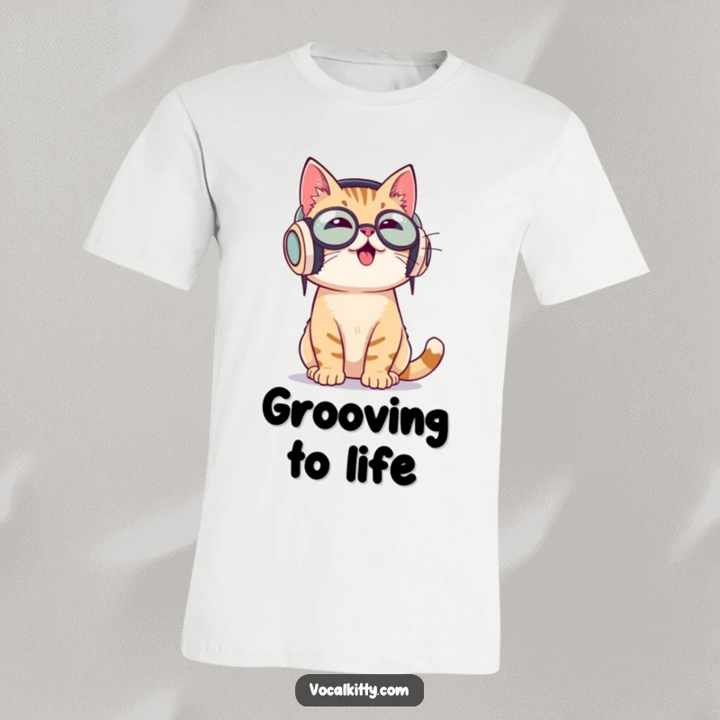 Funny t-shirt featuring a cat wearing large headphones, enthusiastically bobbing its head to music, full of rhythm.