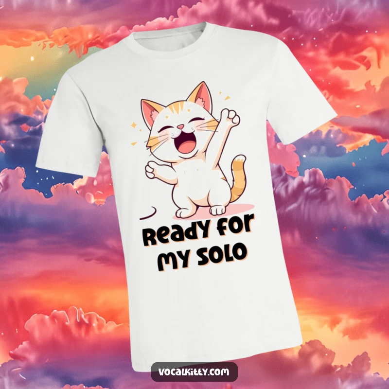 Funny t-shirt depicting a cartoon cat in an exaggerated, dramatic pose, mid-performance, as if singing its heart out.