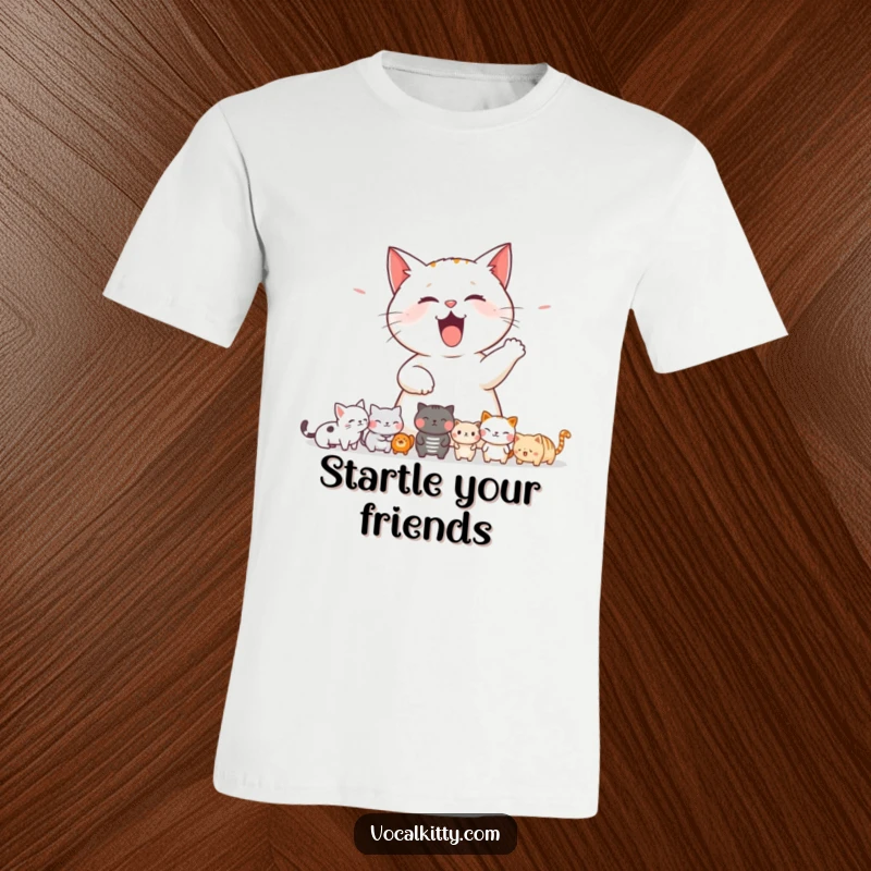 Funny cat t-shirt depicting a cat letting out a loud meow, causing a chain reaction of startled smaller animals in its path.