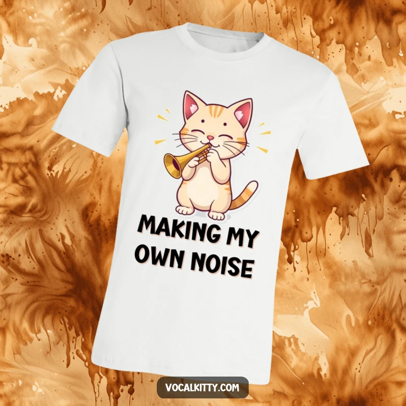 Funny Cat T-Shirt: A stylish cat character playing a small trumpet, with bold sound waves emanating outwards, indicating a loud performance.