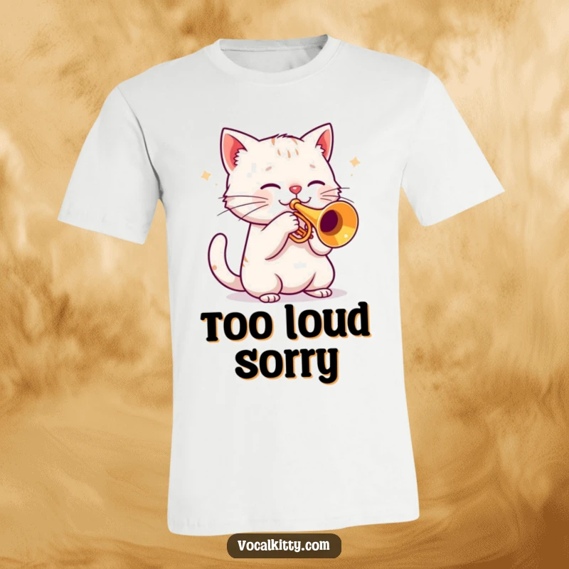 Funny cat rocking out on a trumpet, music notes flying, vibrant and loud, hilarious t-shirt.