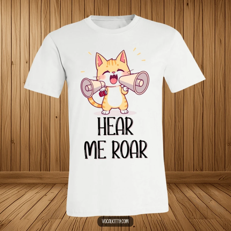 Funny cat t-shirt featuring a determined cat character practicing shouting into a huge megaphone, exuding confidence and humor.