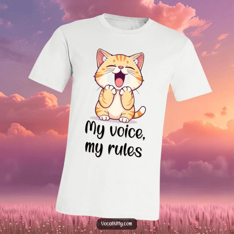 Funny cat t-shirt depicting a cat practicing a loud yell, paws cupped for maximum vocal projection, looking quite determined.