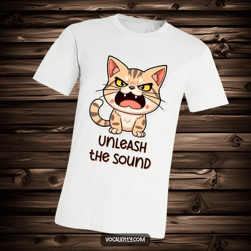 Funny cat character with a determined, loud expression, poised to unleash a big sound, on a t-shirt.