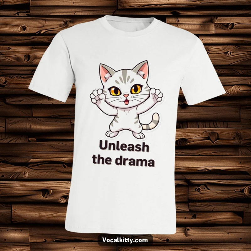 Funny t-shirt showcasing a cat in a loud, attention-grabbing dramatic pose, ready to steal the spotlight. A must-have for humor enthusiasts.