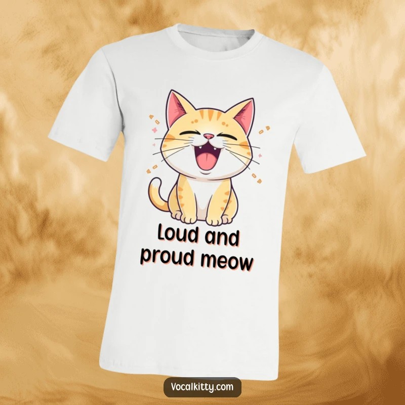 Funny T-Shirt: A cat with its mouth wide open, emitting cartoon sound waves, representing a loud meow or yowl.