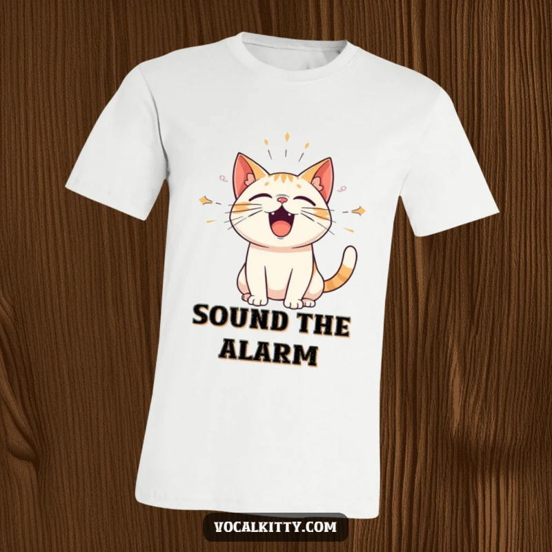 Funny t-shirt featuring a cat with amplified sound waves emanating from its open mouth, conveying a loud and expressive personality. Humorous apparel.