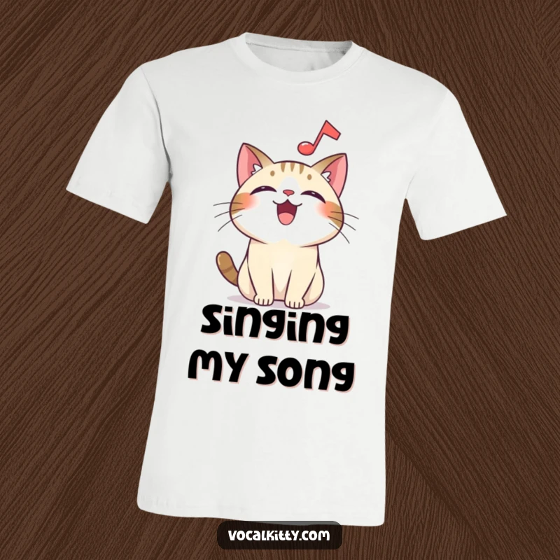 Funny overjoyed cat t-shirt, a musical note hovering above, symbolizing happiness and a love for music.