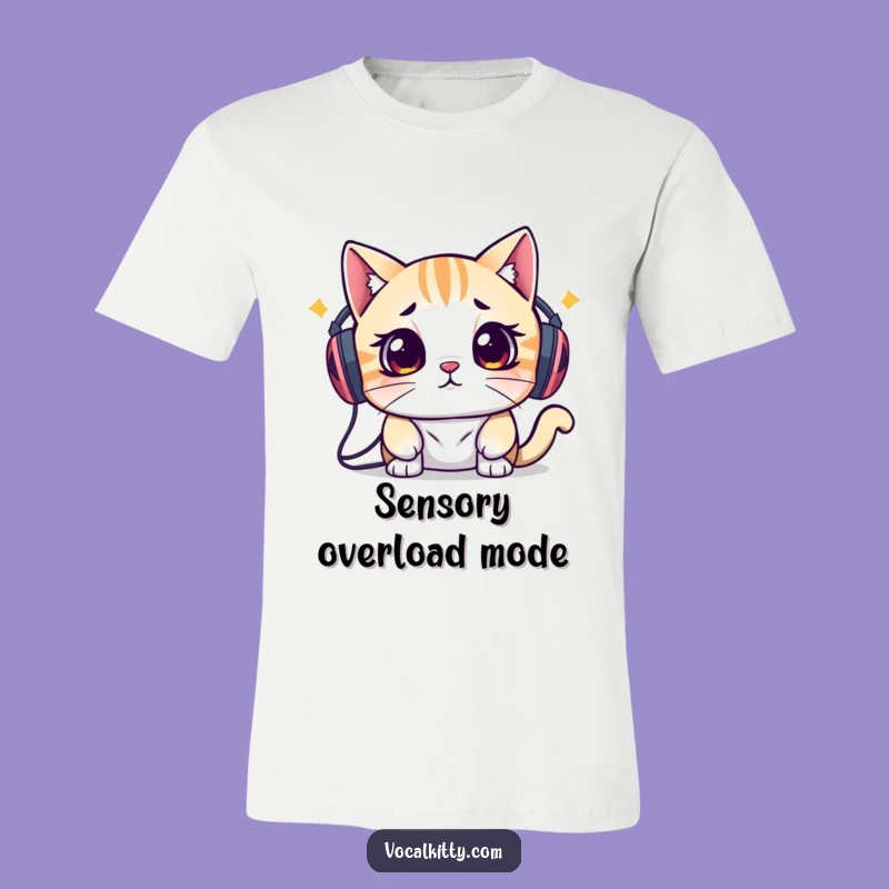 Funny Overwhelmed Cat Speakers T-Shirt: Vibes Too Loud, Send Help!