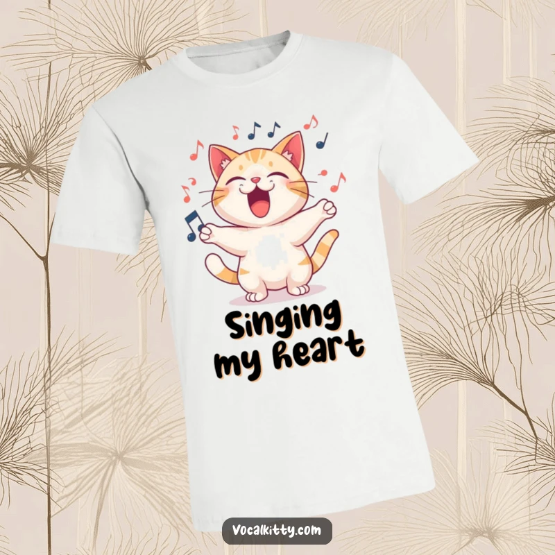 Funny T-Shirt depicting a cat character singing loudly and joyfully, with musical notes swirling around.