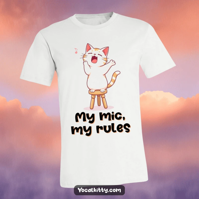 Funny singing cat t-shirt, standing on a stool, performing a song with enthusiastic gusto.