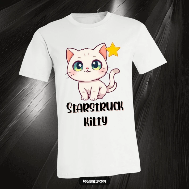Funny T-Shirt of a cat with wide, sparkling eyes enthusiastically chasing a shimmering star across the sky.