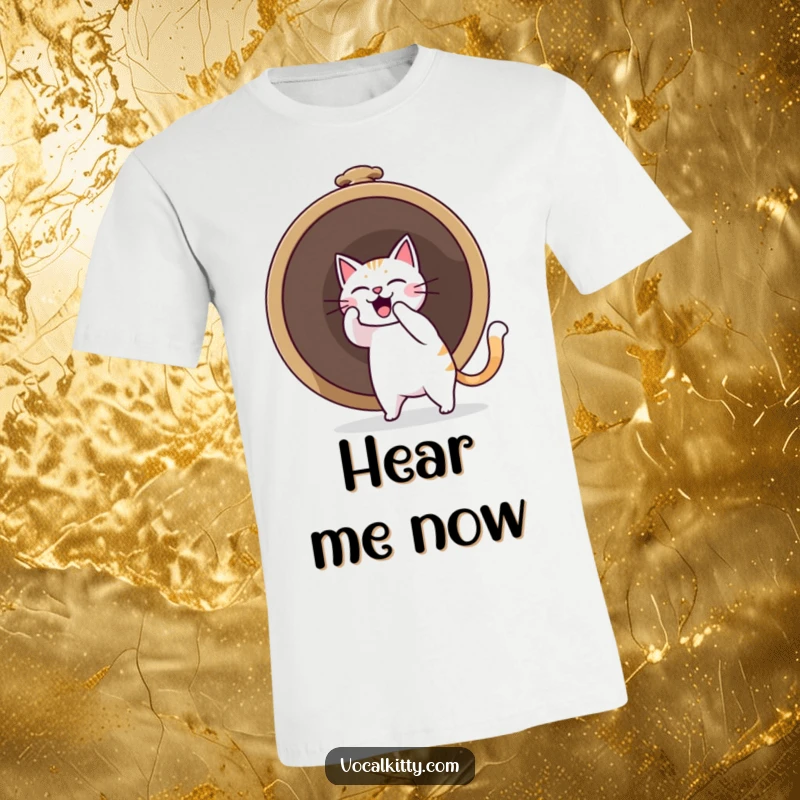 Funny cat character wildly ringing a colossal bell, creating a comical sound boom, perfect for expressing bold humor.