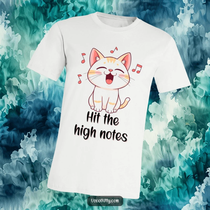 Funny t-shirt showing a cat singing with its mouth wide open, with musical notes flying out, depicting a lively and musical feline.